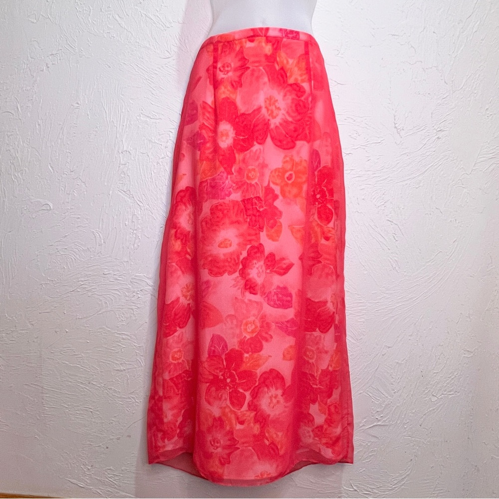 Vintage y2k Style Bright Pink Floral Slip Skirt Sheer Overlay Women's 12